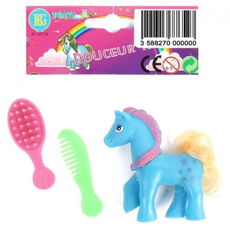 Poney à coiffer 6 cm + peigne + brosse, 2 coloris : rose ou bleu